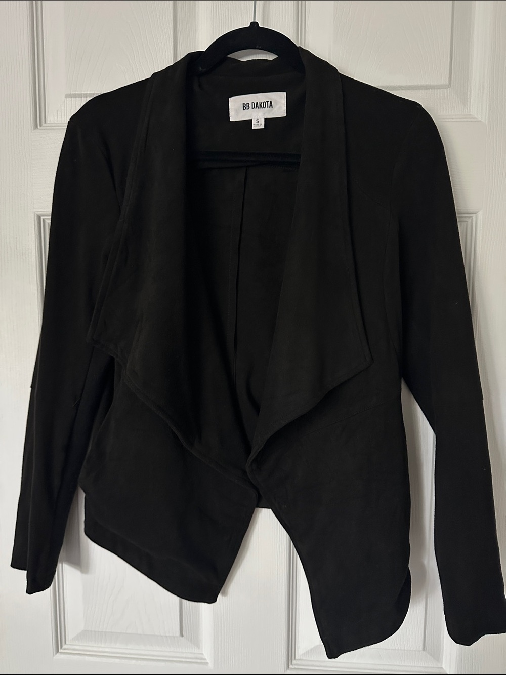 BB Dakota Black Suede Draped Open Front Blazer